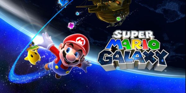 Imagen promocional de Super Mario Galaxy, en la que aparece el titular fontanero volando por el espacio junto a un destello.