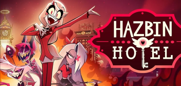 Imagen promocional de Hazbin Hotel. A la derecha, el logotipo de la serie en tonos blancos con acentos rojos. La T es una llave. A la izquierda, cuatro de los personajes principales. Dos de ellos muestran una sonrisa cuestionable de dientes picudos, otra está totalmente seria y, en primer plano, la protagonista sonríe genuinamente, llevándose la mano al pecho con alegría. En el fondo aparece el hotel titular.