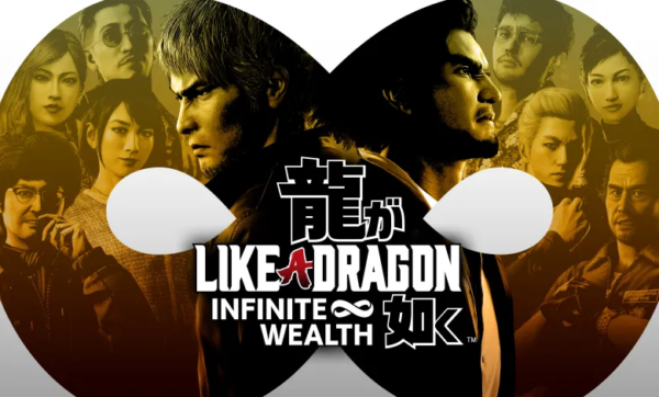 Imagen promocional de Like a Dragon: Infinite Wealth. En ella aparecen los diez personajes jugables del juego en el fondo de un símbolo de infinito con colores sepia. En el centro, a la izquierda, Kazuma Kiryu, con un nuevo peinado (algo más canoso y con el pelo hacia abajo) y un traje negro, a la derecha, Ichiban Kasuga, mirando hacia arriba con orgullo con su atuendo habitual. En el centro aparece el logotipo del juego, que en esta ocasión integra el texto tanto en japonés (color negro) como en inglés (color blanco)