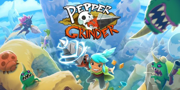 Imagen promocional de Pepper Grinder, en la que aparece la protaonista, una chica de pelo azul y un enorme taladro en la mano derecha, rodeada de distintos monstruos.