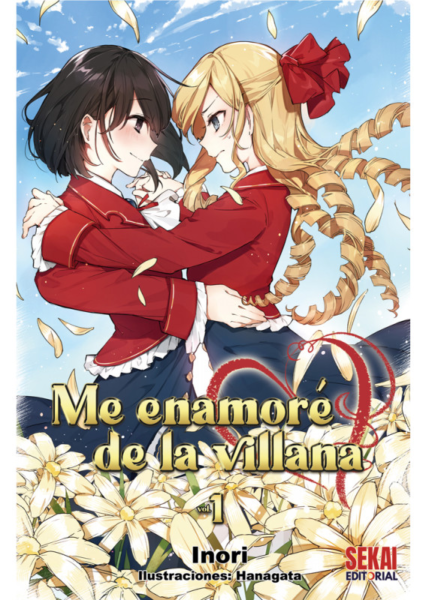 Portada de "Me enamoré de la Villana", vol1. En ella aparecen las dos protagonistas, una chica de pelo castaño a media melena y otra con largos tirabuzones dorados, bailando en un campo de margaritas que se ven deshojadas por el viento. Ambas llevan un elegante uniforme escolar. La rubia parece algo agobiada por la situación, pero la otra la disfruta, sonrojada.