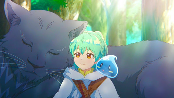 Imagen promocional de "The weakest tamer" en la que la protagonista, una niña de pelo verde, aparece con un enorme felino negro y un limo azul que descansan con ella