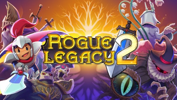 Imagen promocional de Rogue Legacy 2 en la que aparecen un héroe de armadura y espada rodeado de los villanos del juego