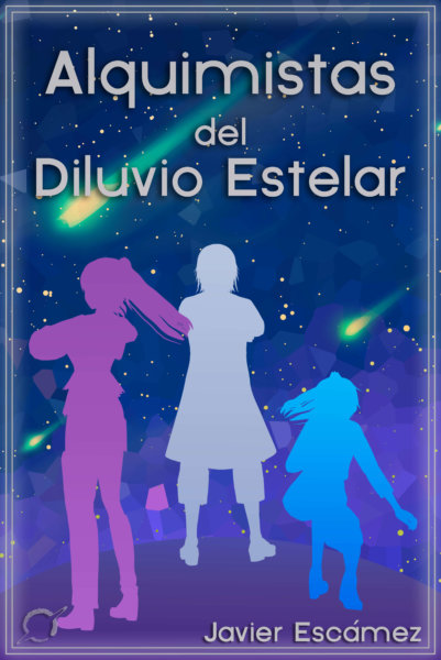 Portada de «Alquimistas del Diluvio Estelar». En ella aparecen tres siluetas (una chica en morado, otra en azul y un chico en gris) frente a un fondo teselado de fondo espacial. Hay estrellas fugaces cayendo en verde.